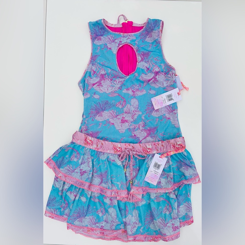 LOVESHACKFANCY UNDER THE SEA TIERED MINI SKIRT AND ONE PIECE SWIM